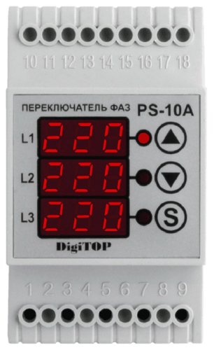 Переключатель фаз цифровой на DIN-рейку DigiTOP PS-10A 10A 50-400В картинка